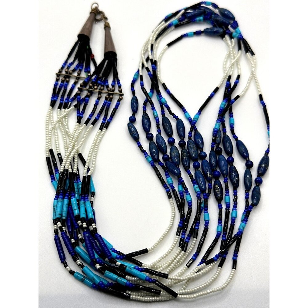 Vintage 925 Lapis Lazuli Native American Necklace Blue Mixed Beads Free Spirit